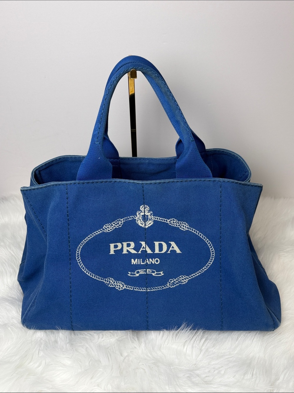 Prada Canapa Blue Canvas Logo Tote Bag Large